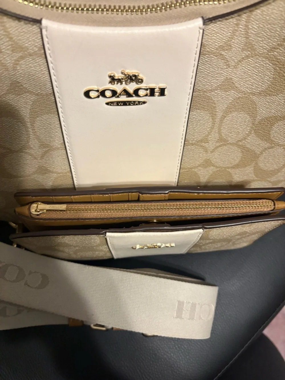 Coach Beige Signature Canvas Hobo with Cream Center Panel and Tan Trim